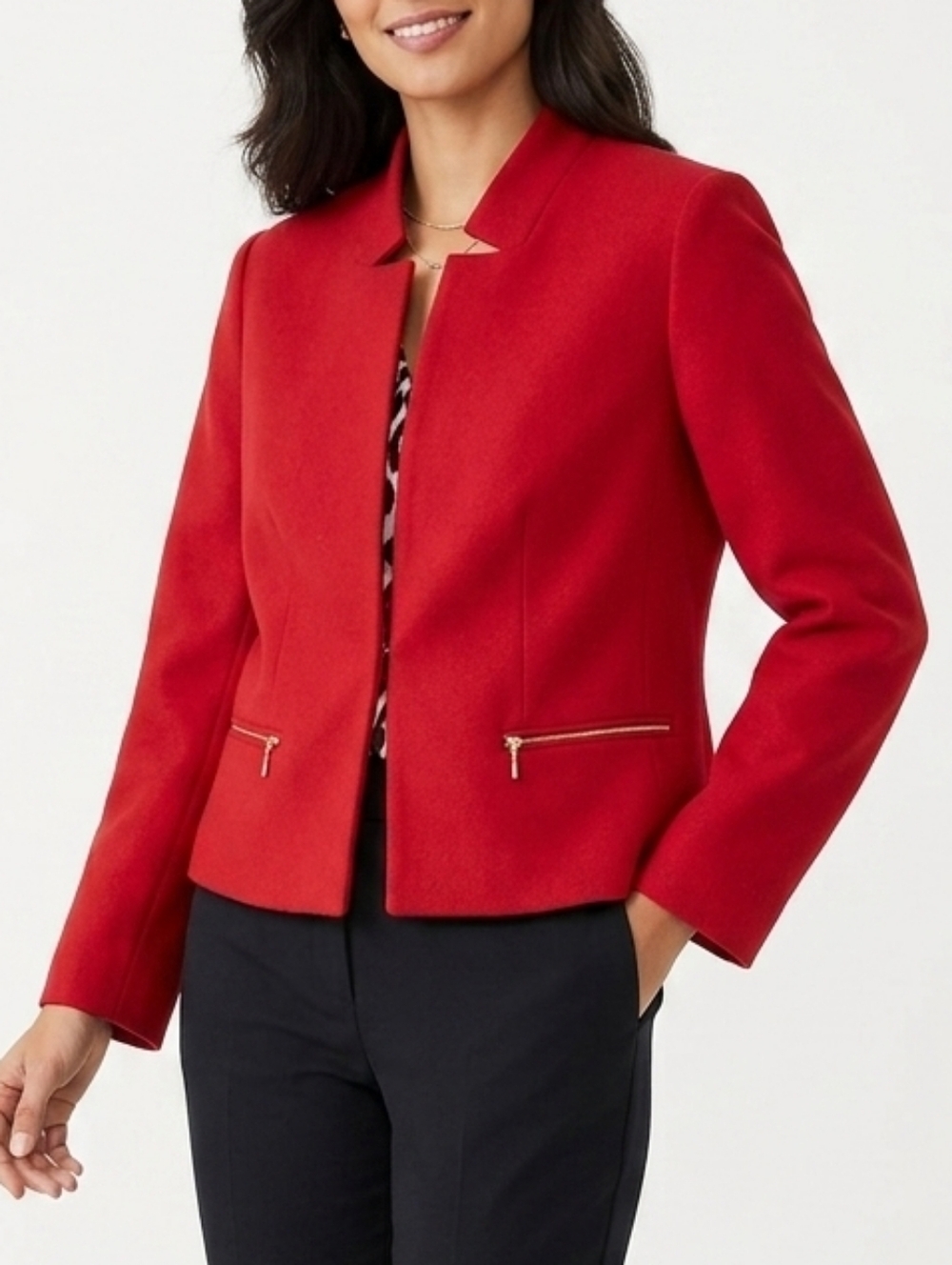 Chico's Red Collarless Zip-Pocket Blazer